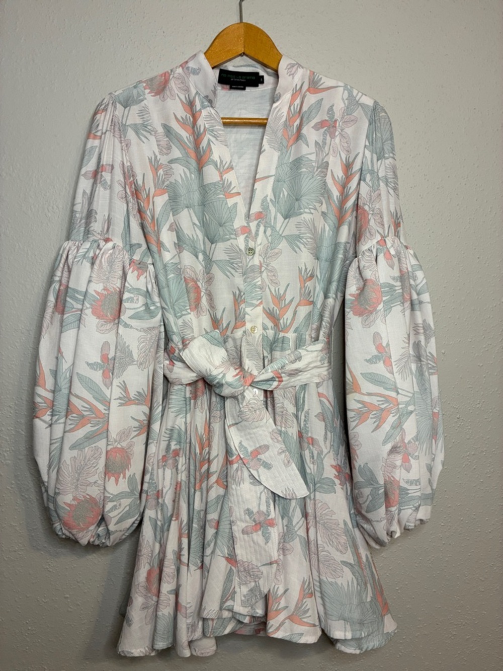 Button-Front Floral Mini Dress in White with Coral & Sage - Picture 3 of 9